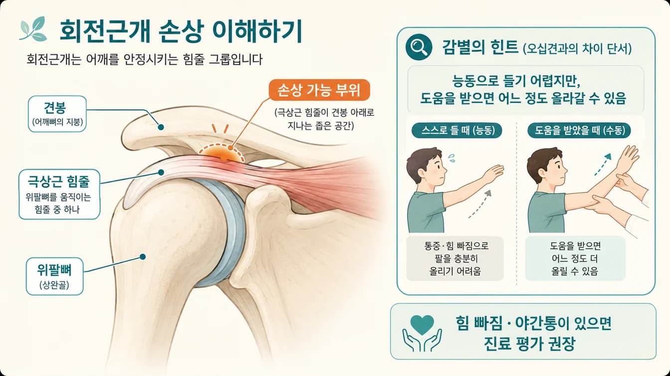어깨를 감싸는 회전근개 4개 근육(극상근·극하근·소원근·견갑하근) 위치 안내