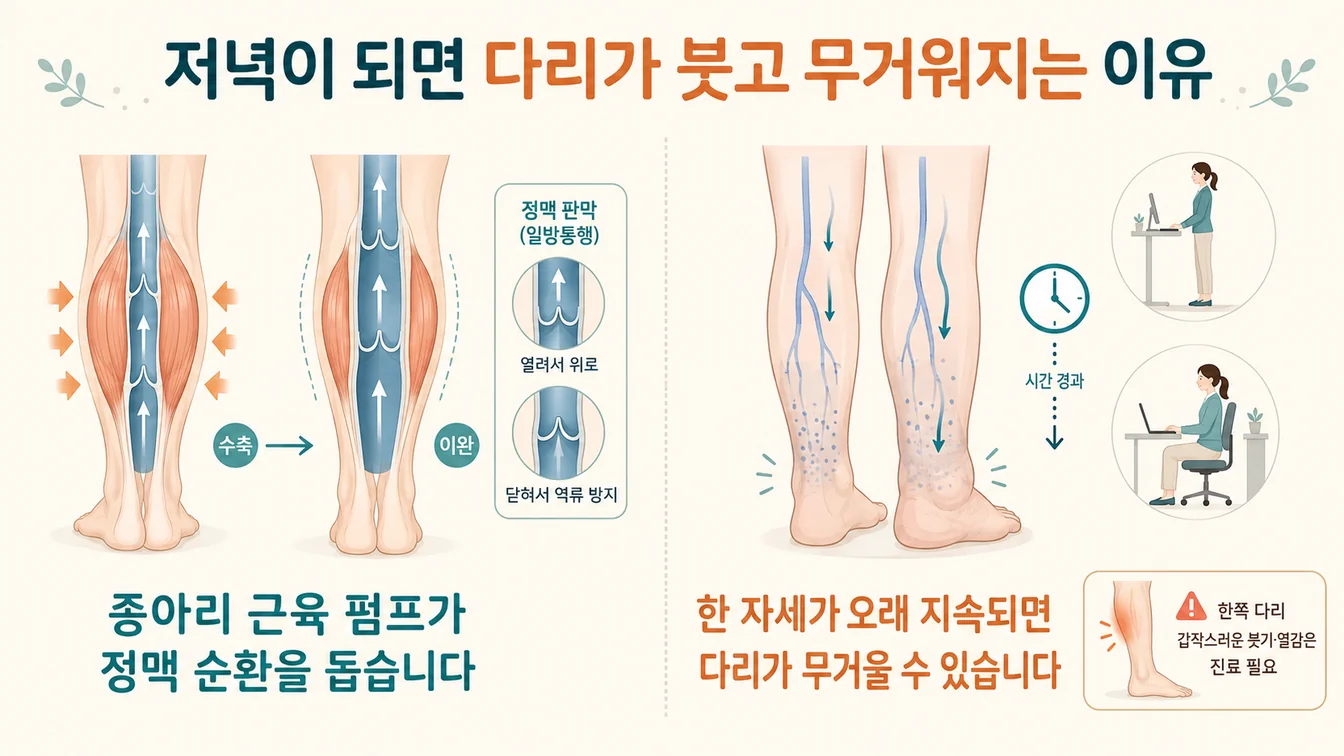 정맥 판막과 종아리 근육 펌프로 다리 혈액이 심장으로 돌아가는 구조 안내