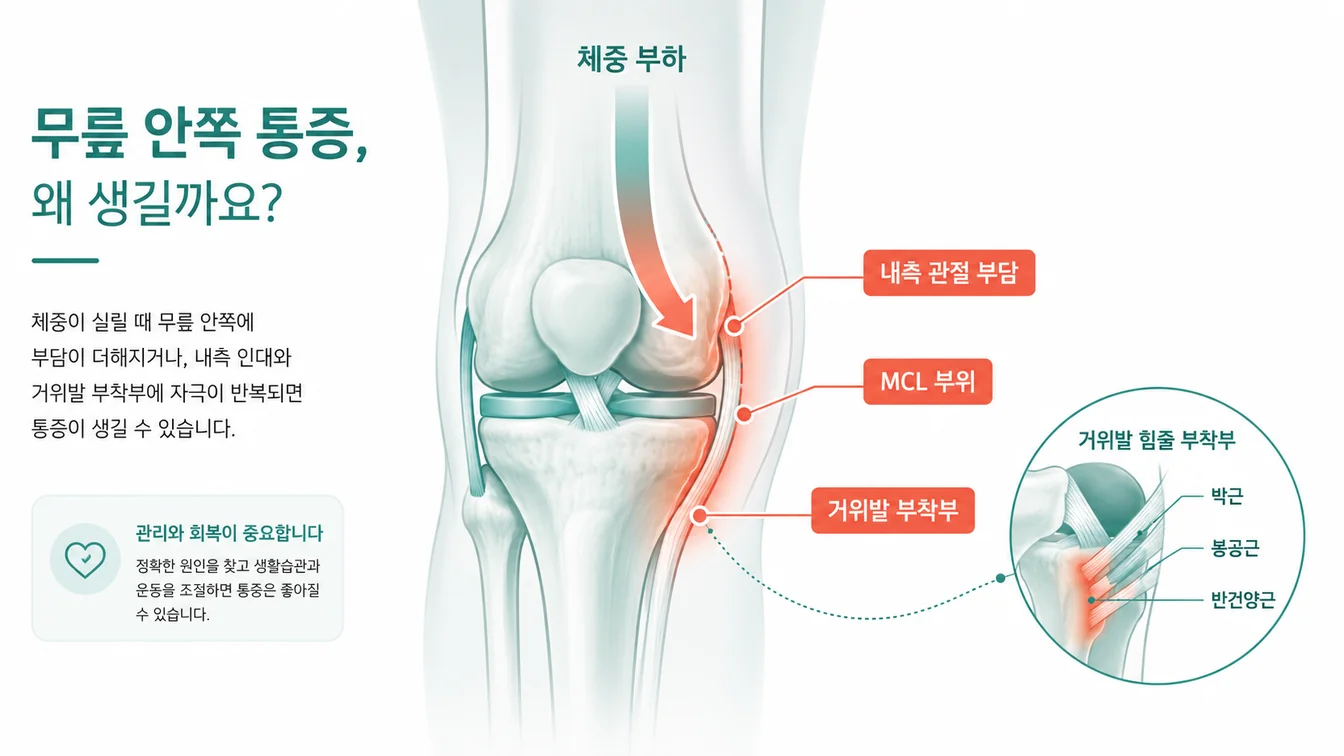 무릎 내측 구획과 거위발 부위를 표현한 한국어 라벨 안내 일러스트