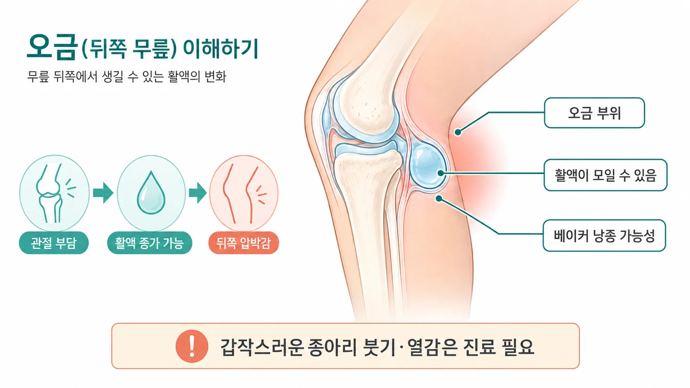 무릎 뒤 오금과 베이커 낭종 위치를 표현한 한국어 라벨 안내 일러스트