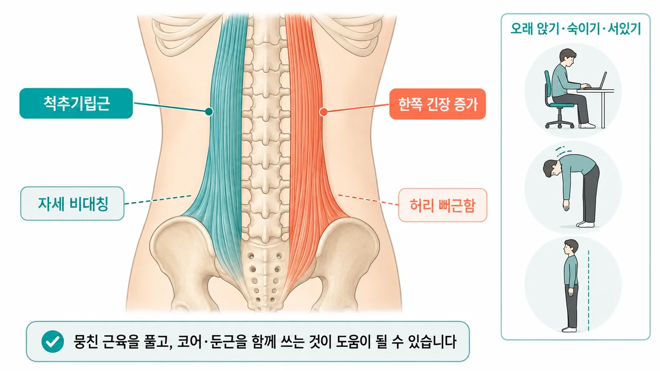 척추기립근과 좌우 비대칭 긴장을 표현한 한국어 라벨 안내 일러스트