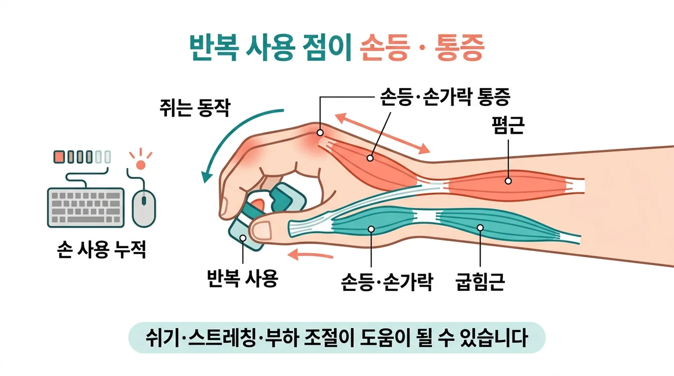 손을 쥐는 동작에서 함께 일하는 손·아래팔의 굽힘근과 폄근 안내