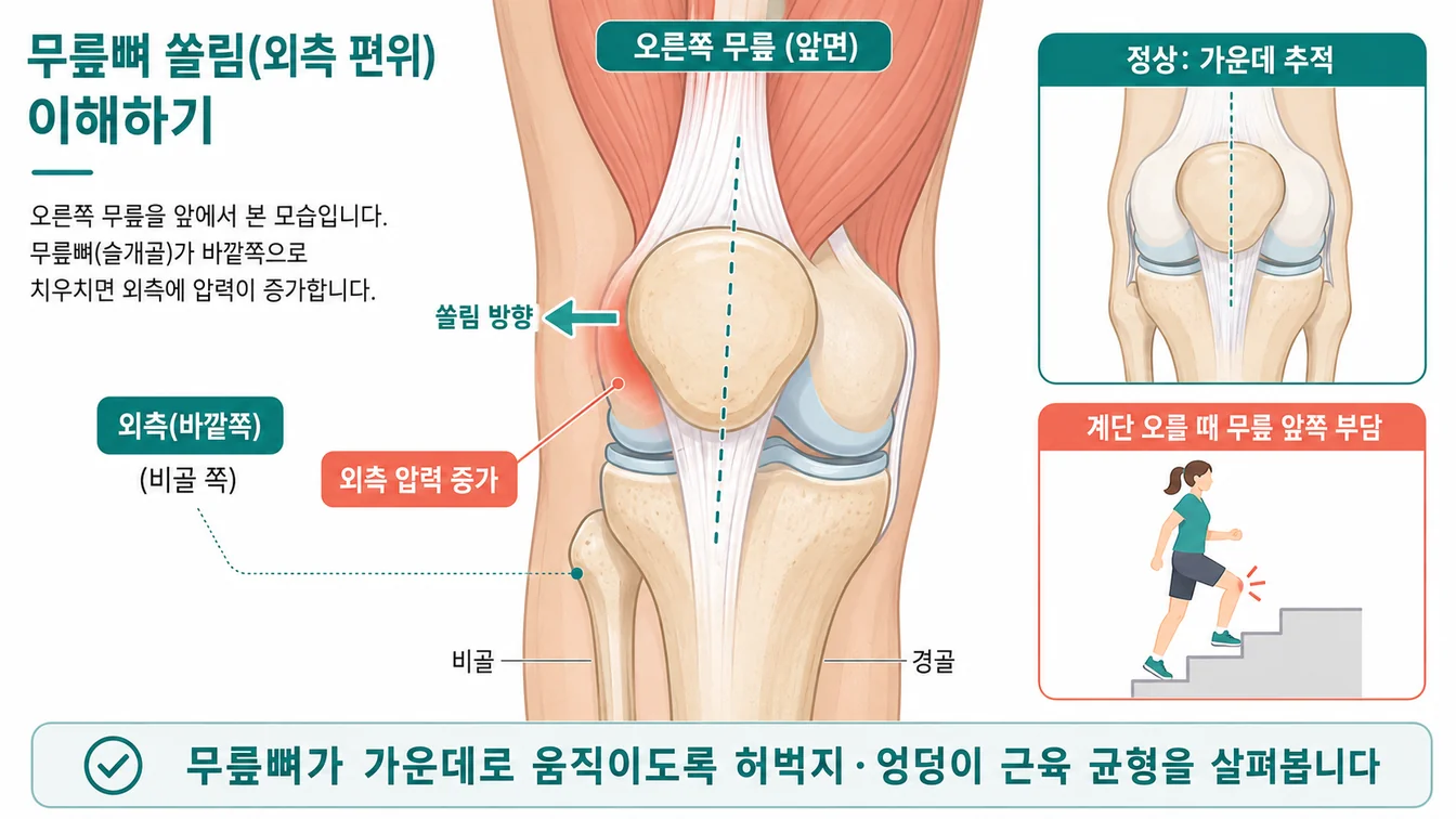 무릎뼈 정면 해부와 외측 쏠림 안내
