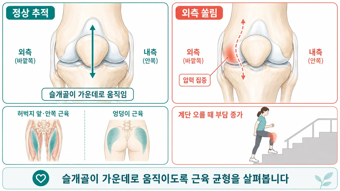 정상 추적과 외측 쏠림 비교 + 허벅지·엉덩이 근육 균형 + 계단 오를 때 부담 안내
