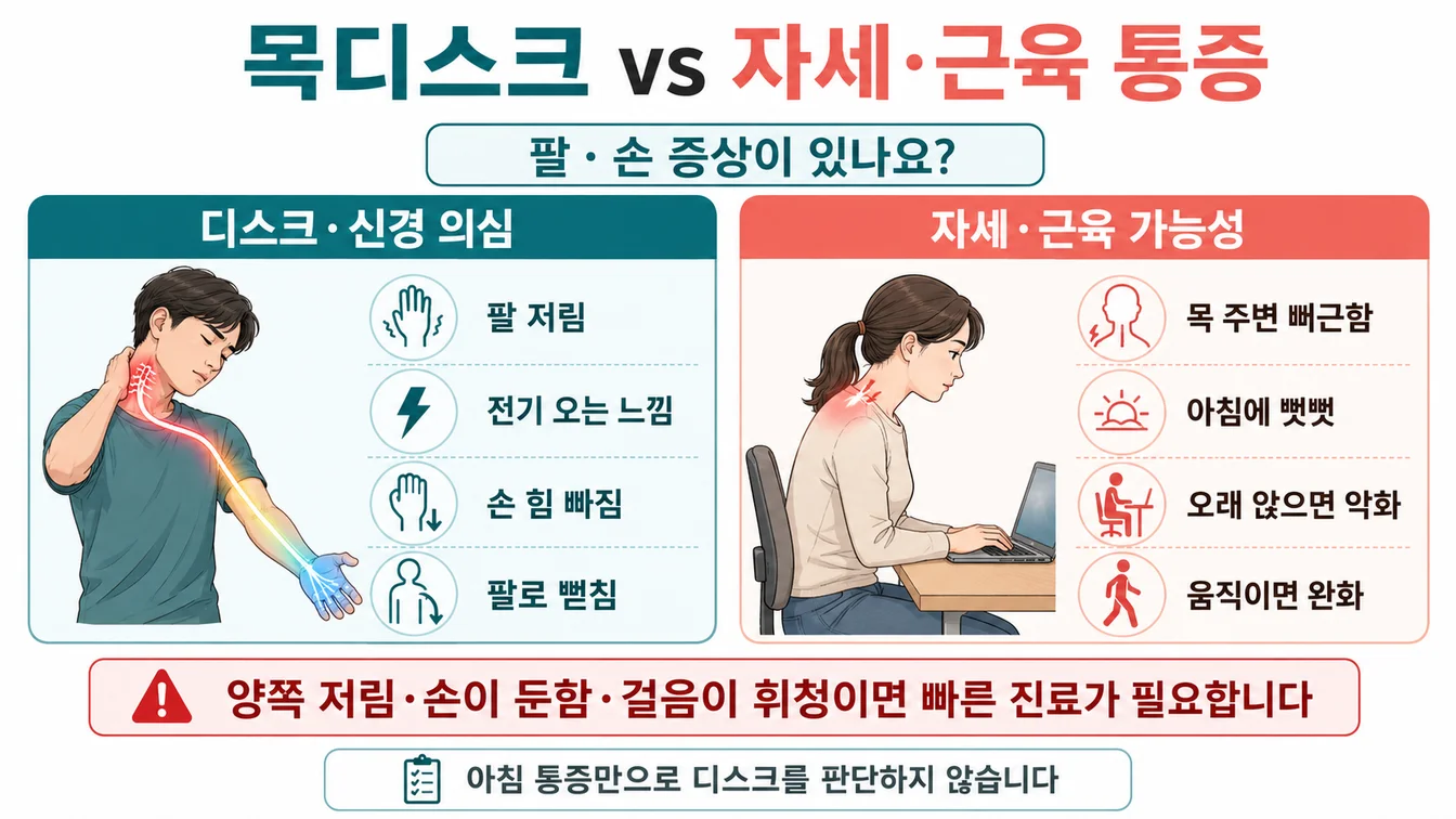 목 통증이 디스크인지 근육·자세 문제인지 — 팔·손 증상이 있는지로 구별