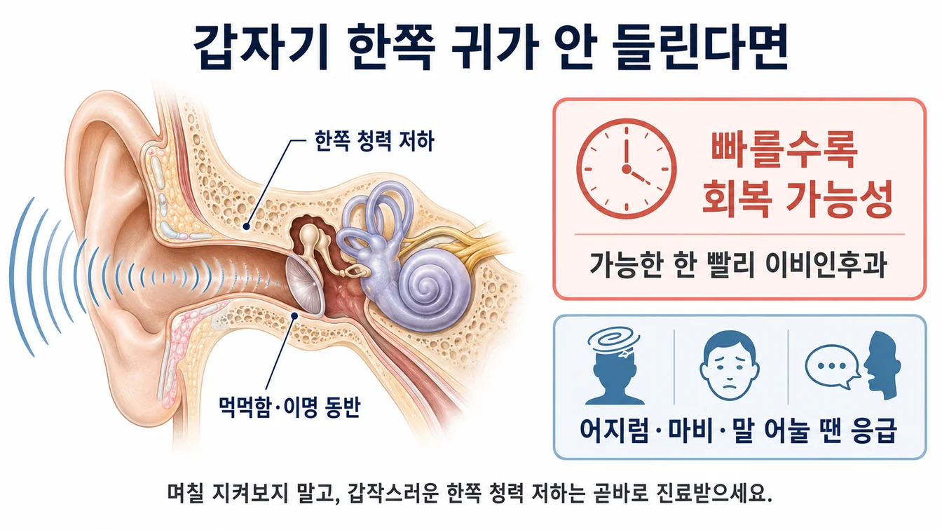 갑작스러운 한쪽 청력 저하와 빠른 진료의 중요성 안내 이미지
