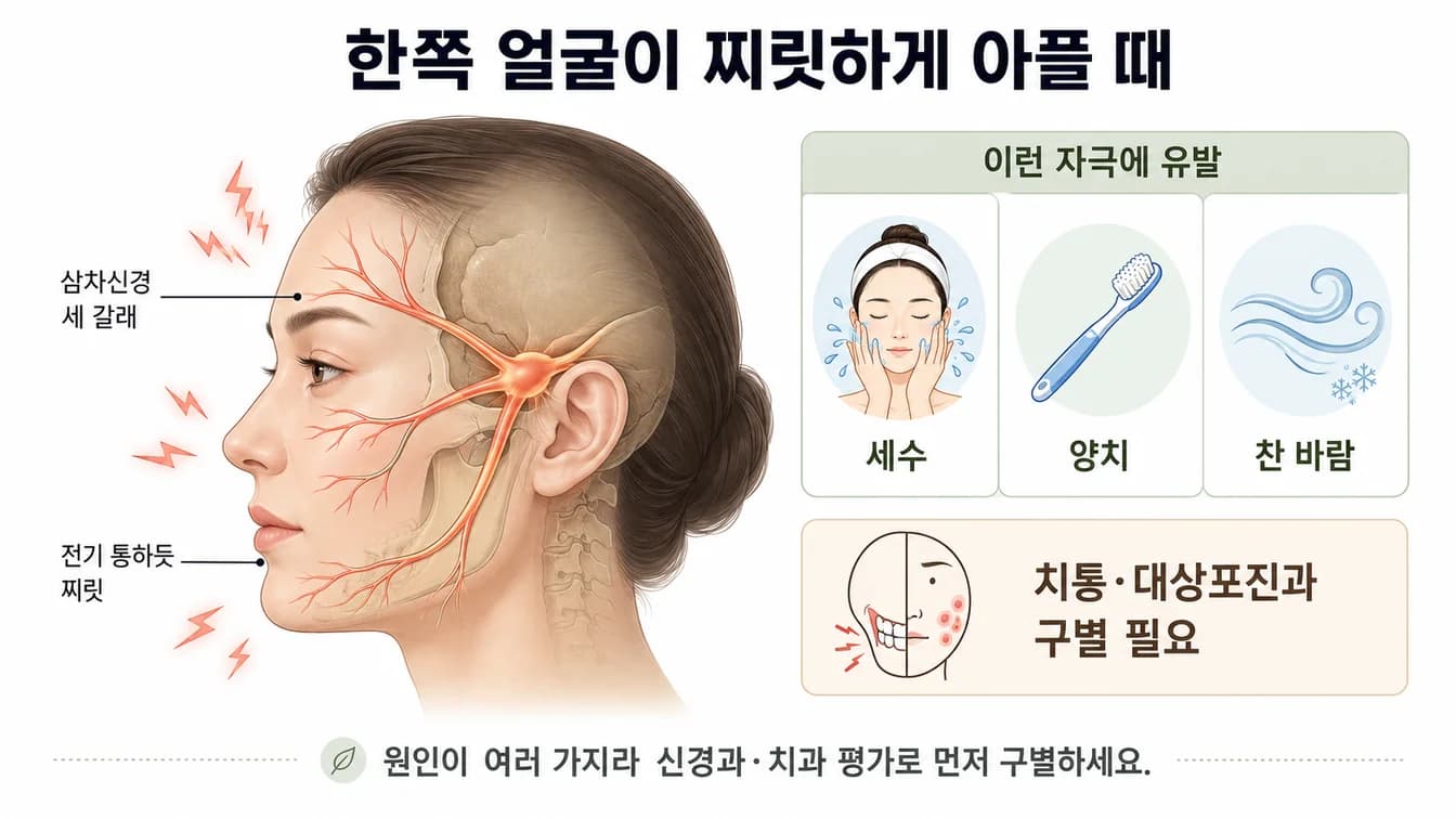 삼차신경이 지나는 얼굴 부위와 가벼운 자극에 찌릿한 통증이 유발되는 양상 안내 이미지