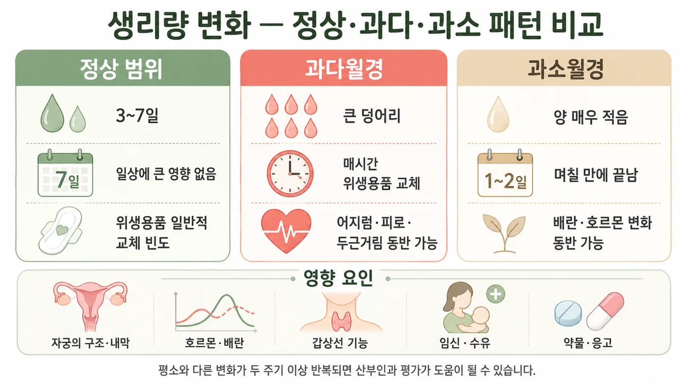 정상·과다·과소 월경 패턴 비교와 자궁·호르몬·갑상선·임신·약물 영향 요인 안내