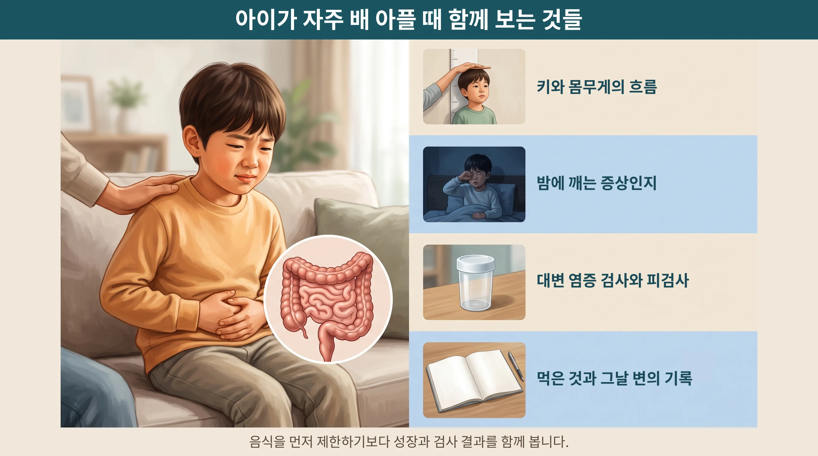아이의 반복 복통에서 키와 몸무게의 흐름·밤에 깨는 증상·대변 염증 검사와 피검사·먹은 것과 그날 변의 기록을 함께 확인하는 항목으로 정리한 안내 그림