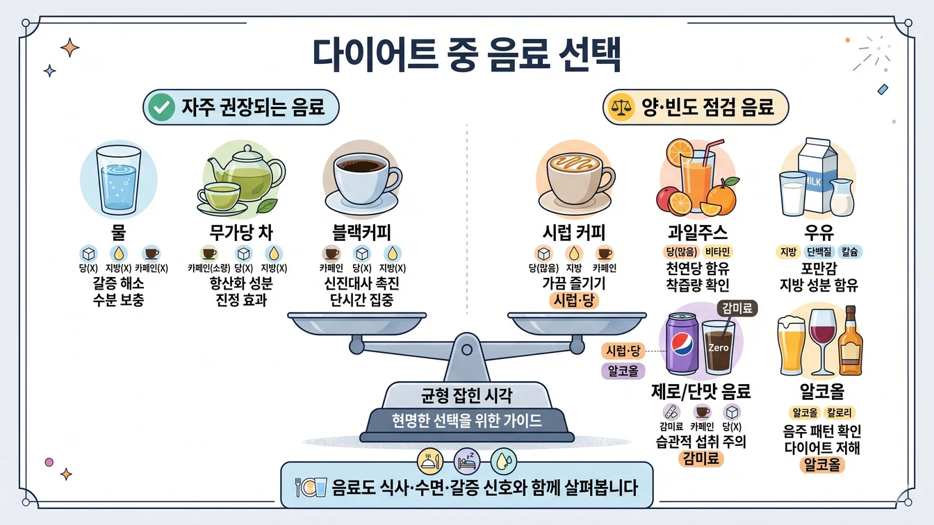 다이어트 중 음료 선택 — 권장 음료와 양·빈도 점검 음료 안내 일러스트