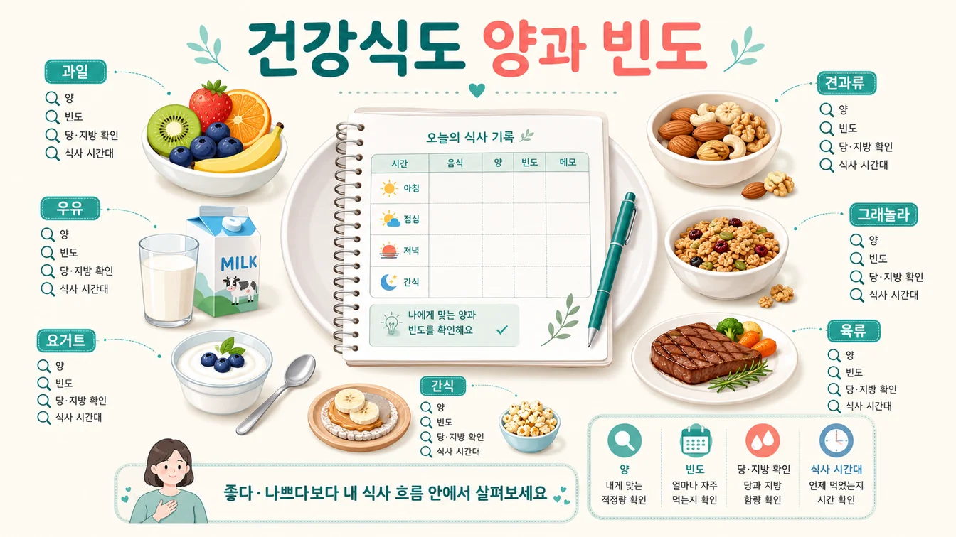 건강식품도 양과 빈도를 함께 살피는 일반 안내 일러스트