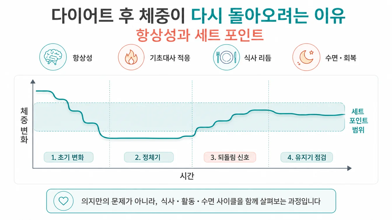 다이어트 후 체중이 돌아오려는 이유 — 항상성·기초대사 적응·식사 리듬·수면 회복 4단계 안내 일러스트