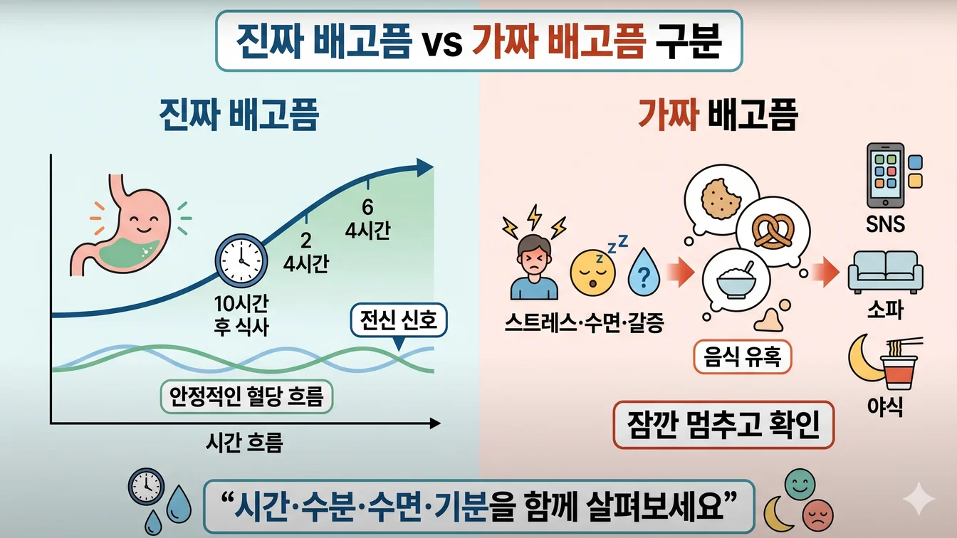 진짜 배고픔과 가짜 배고픔 신호를 구분하는 일반 안내 일러스트