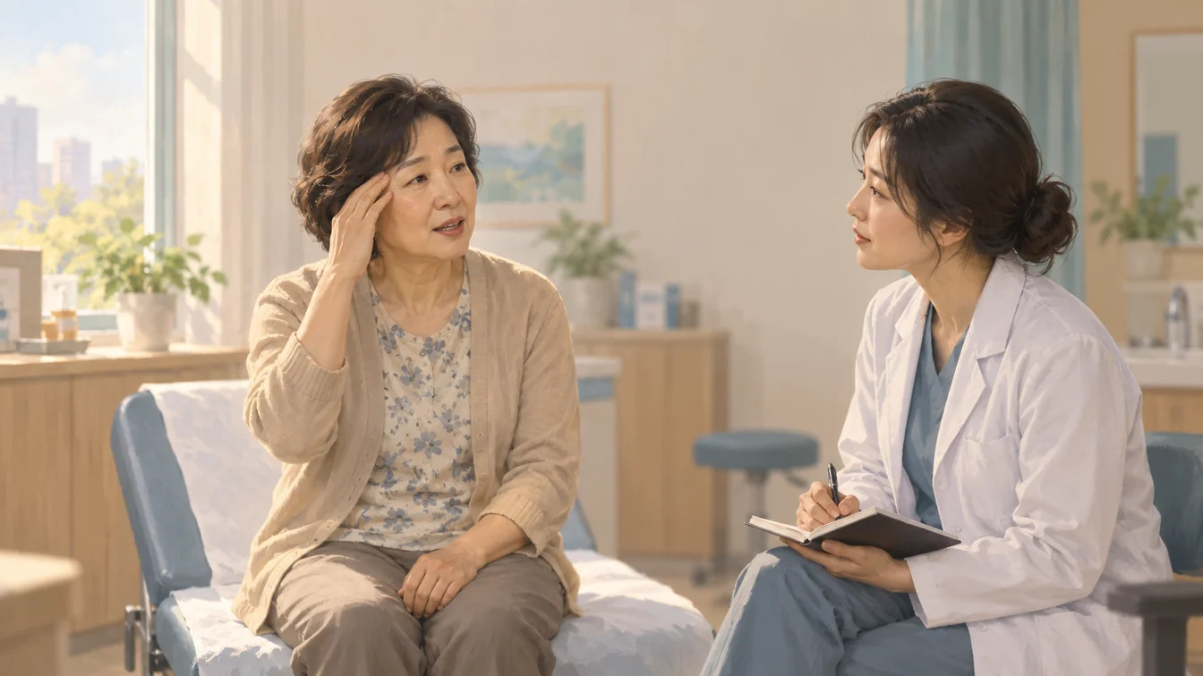 진료실에서 어지럼을 설명하는 환자와 이를 듣고 기록하는 의료진의 문진 장면 그림