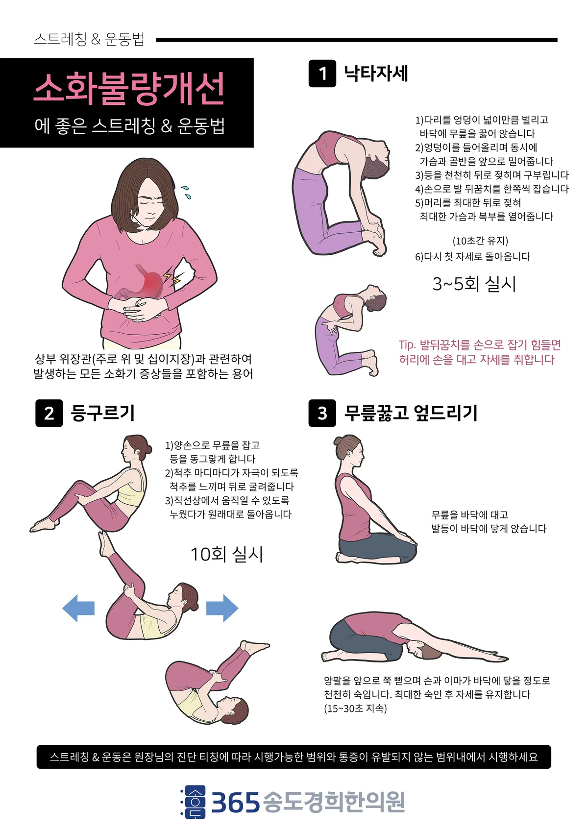 식후 더부룩함이 있을 때 참고할 수 있는 운동 동작 예시 3가지 일반 안내 일러스트