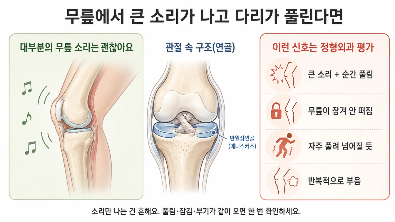 무릎의 큰 소리·순간 풀림 등 관절 내 기계적 신호 안내