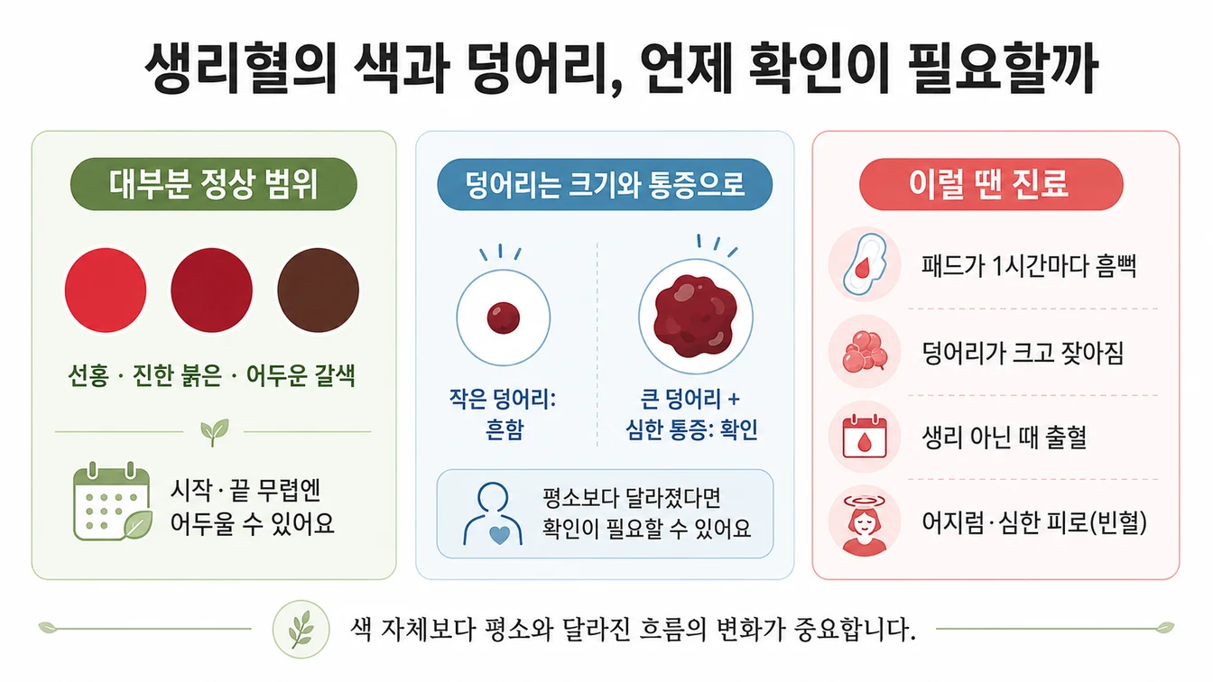 생리혈의 색과 덩어리에서 정상 범위와 확인이 필요한 신호를 정리한 안내 이미지