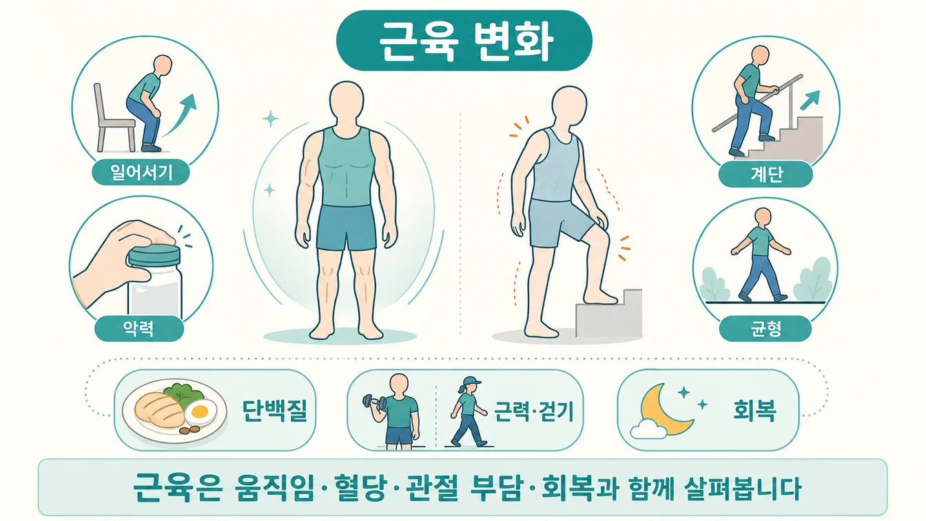 나이에 따른 근육 변화와 일상 신호·관리 방향 안내 일러스트