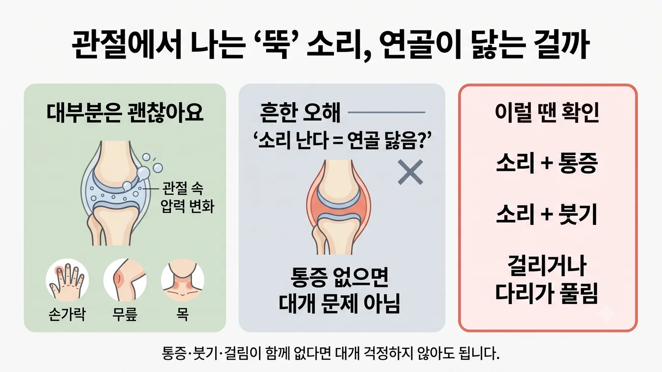 손가락·무릎·목 등 관절에서 소리가 나는 여러 원인과 확인이 필요한 경우를 정리한 안내 이미지