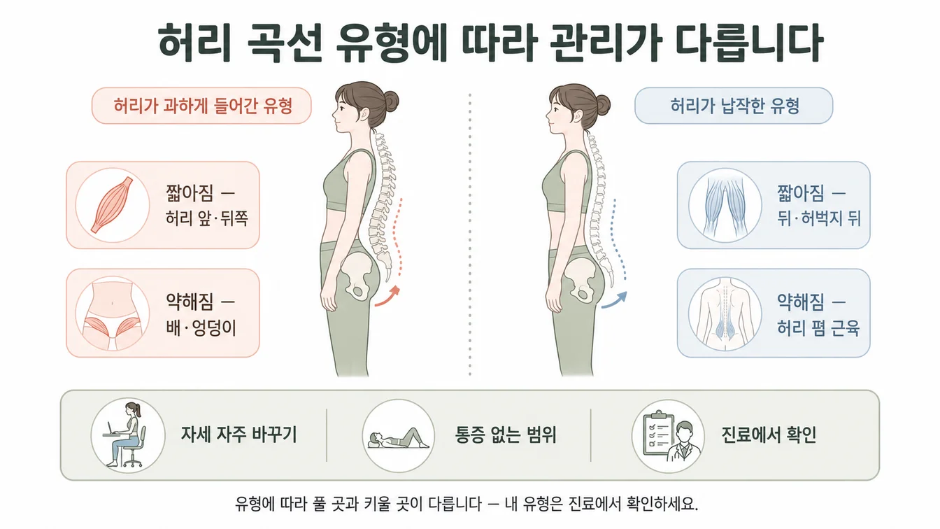허리 곡선이 과한 유형과 납작한 유형에서 짧은 근육·약한 근육이 서로 다른 것을 보여주는 자세 유형별 관리 안내 이미지