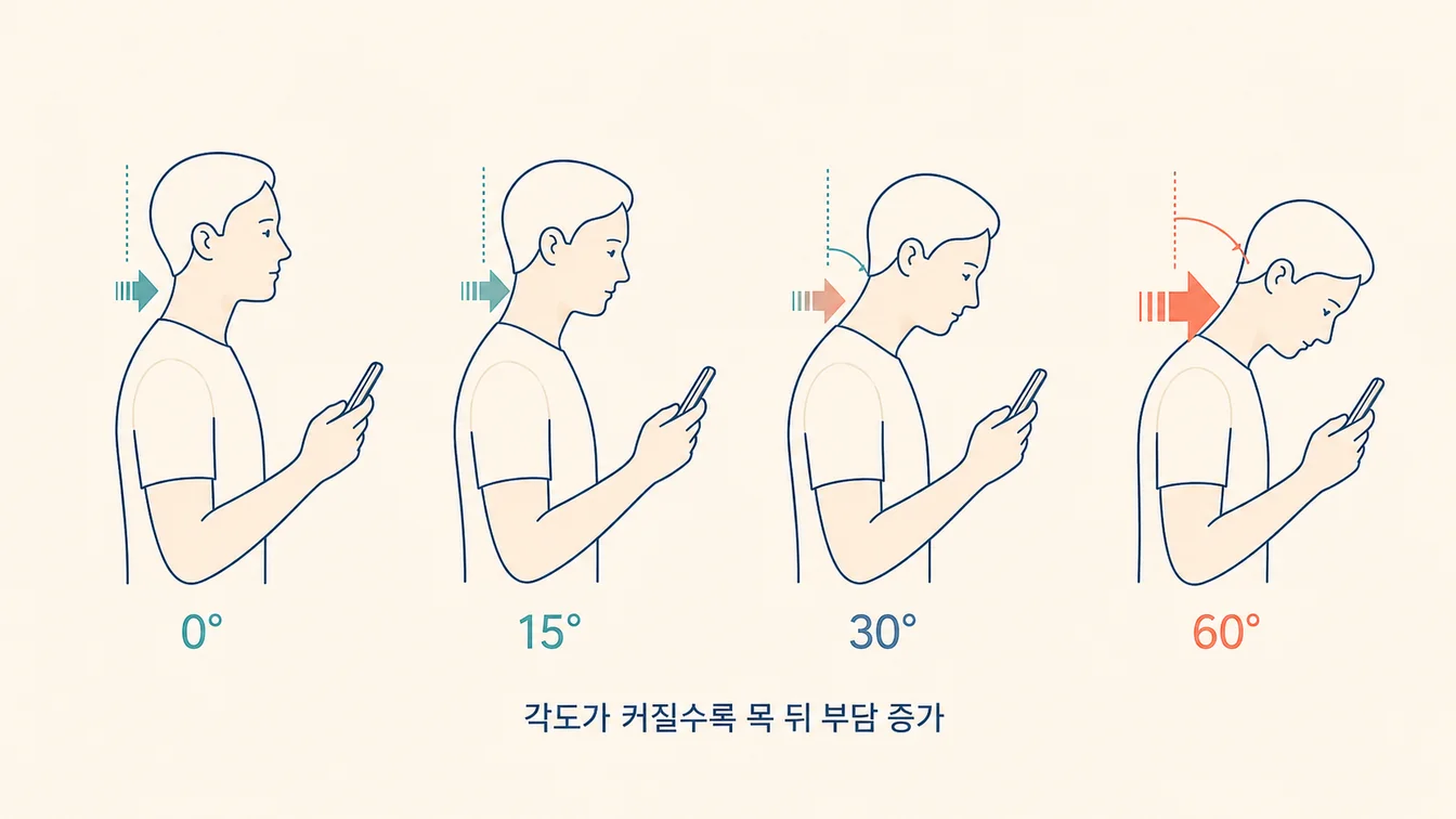고개 굴곡 각도(0°·15°·30°·60°)에 따른 목 뒤 부담 증가 안내