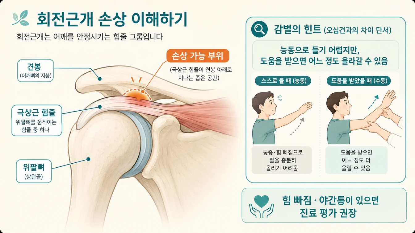 어깨를 감싸는 회전근개 4개 근육(극상근·극하근·소원근·견갑하근) 위치 안내