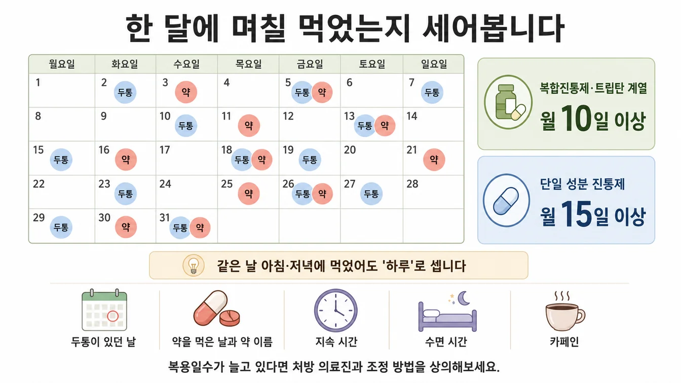 한 달 달력에 두통이 있던 날과 진통제를 먹은 날을 표시해 복용일수를 세는 방법을 보여주는 안내 이미지