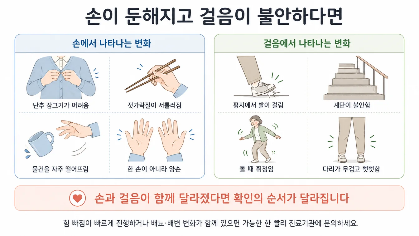 단추 잠그기·젓가락질 같은 손 미세동작 저하와 걸음 불안이 함께 나타나는 경추 척수 신호를 보여주는 안내 이미지