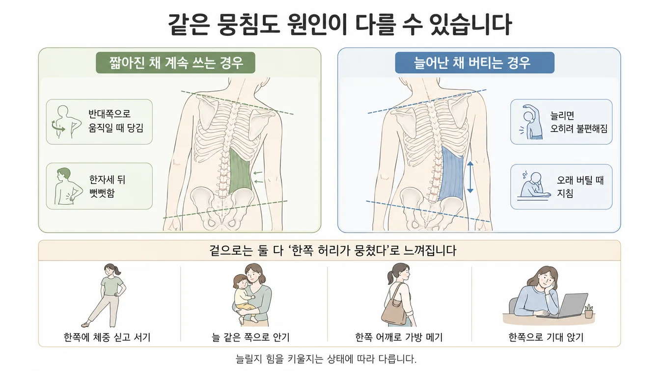 골반과 갈비뼈 사이 요방형근이 짧아진 경우와 늘어난 채 버티는 경우의 차이를 비교해 보여주는 안내 이미지
