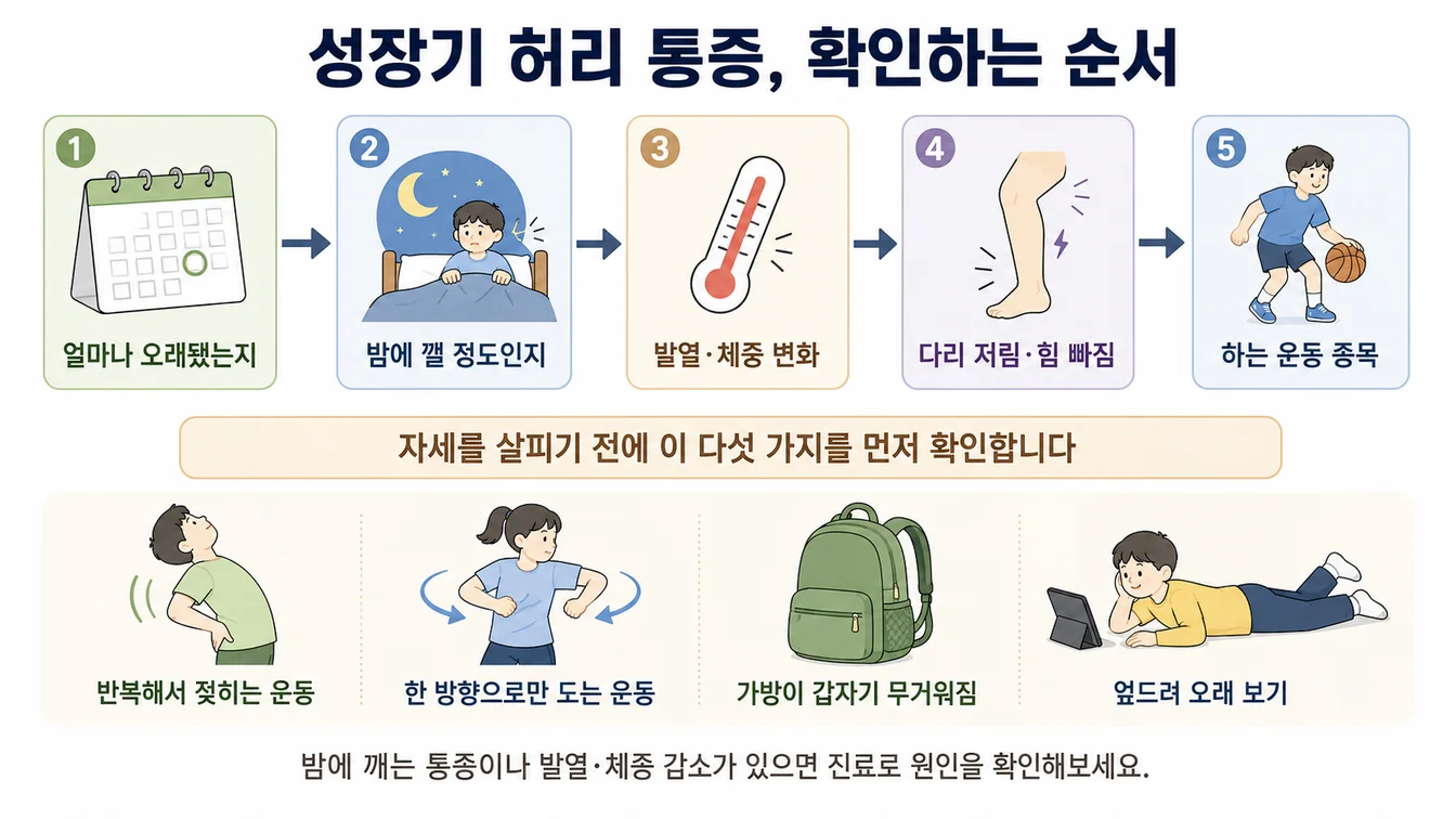성장기 허리 통증에서 통증 기간·야간통·전신 상태·신경 증상·운동 종목을 순서대로 확인하는 과정을 보여주는 안내 이미지