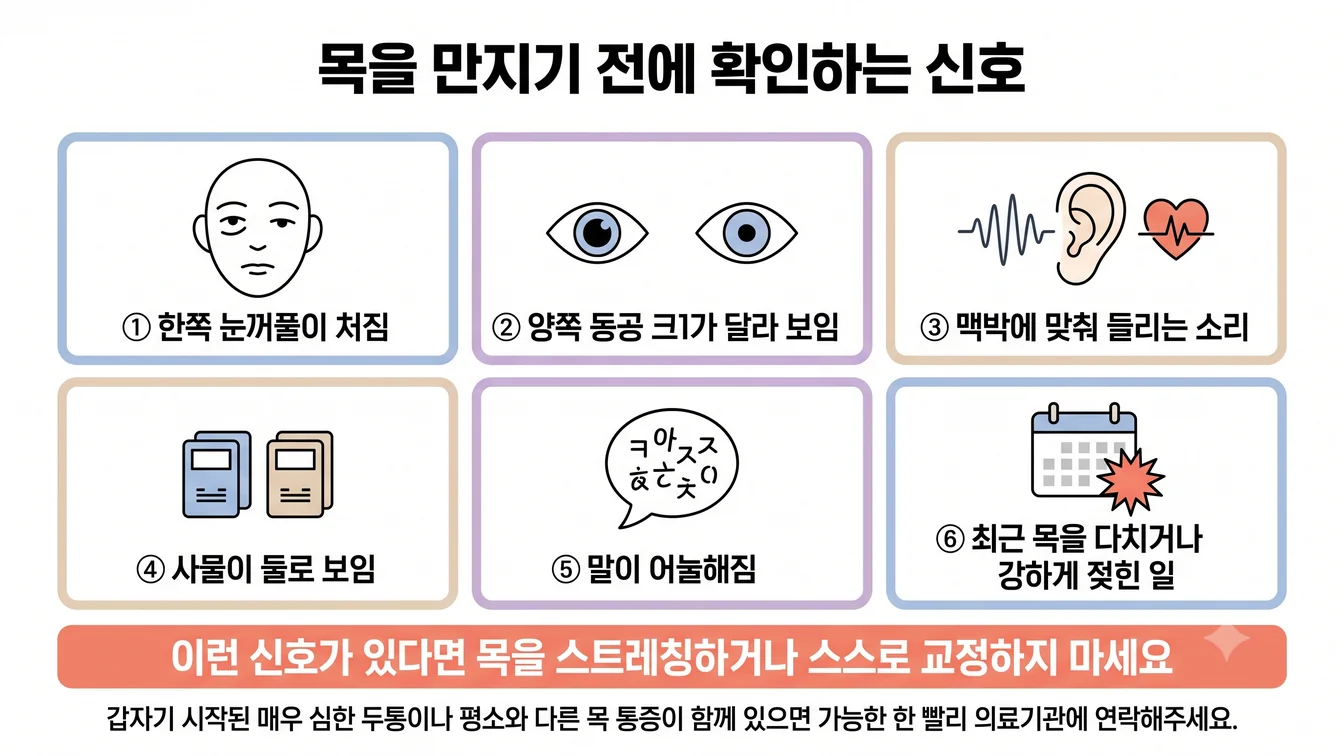 목 통증과 함께 나타나는 눈꺼풀 처짐·복시·박동성 이명 등 혈관성 신호를 확인하는 과정을 보여주는 안내 이미지