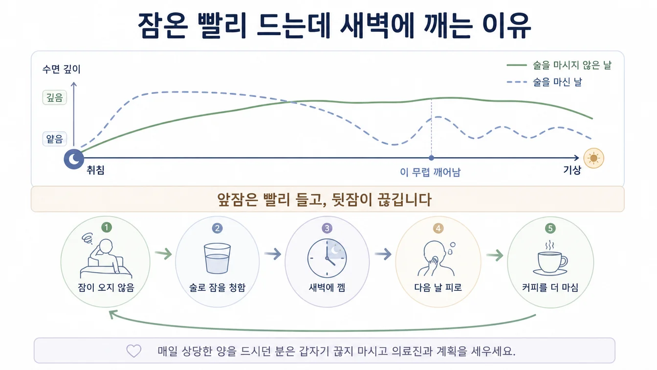 술을 마신 날은 앞잠이 빨리 들지만 밤 후반 수면이 얕아지는 곡선과, 잠이 오지 않음에서 음주·새벽 각성·다음 날 피로·카페인 증가로 이어지는 순환을 보여주는 안내 이미지