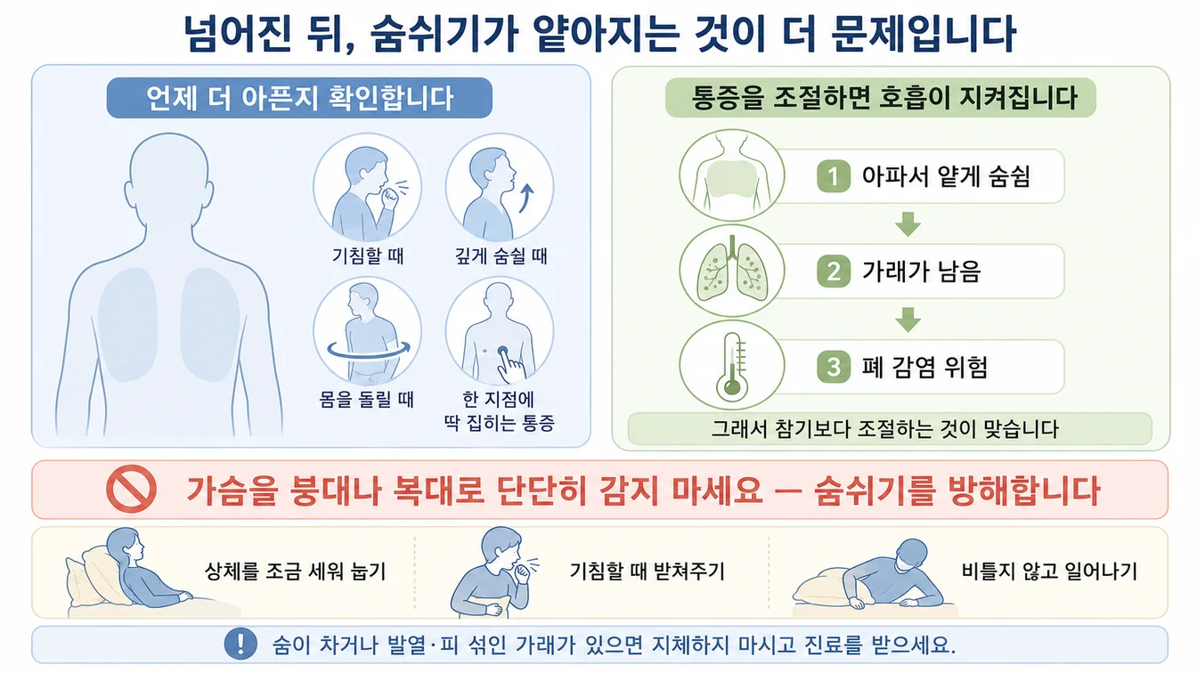 넘어진 뒤 기침·깊은 숨·몸통 회전에서 통증이 심해지는 양상과 진료에서 확인하는 항목을 보여주는 안내 이미지