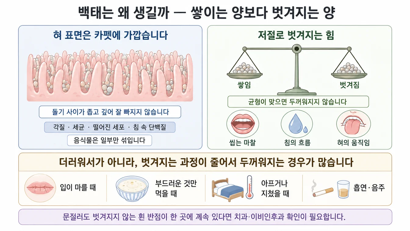 혀 표면의 작은 돌기 사이에 각질·세균·탈락한 세포가 머무는 과정과, 쌓이는 양과 벗겨지는 양의 균형을 보여주는 안내 이미지