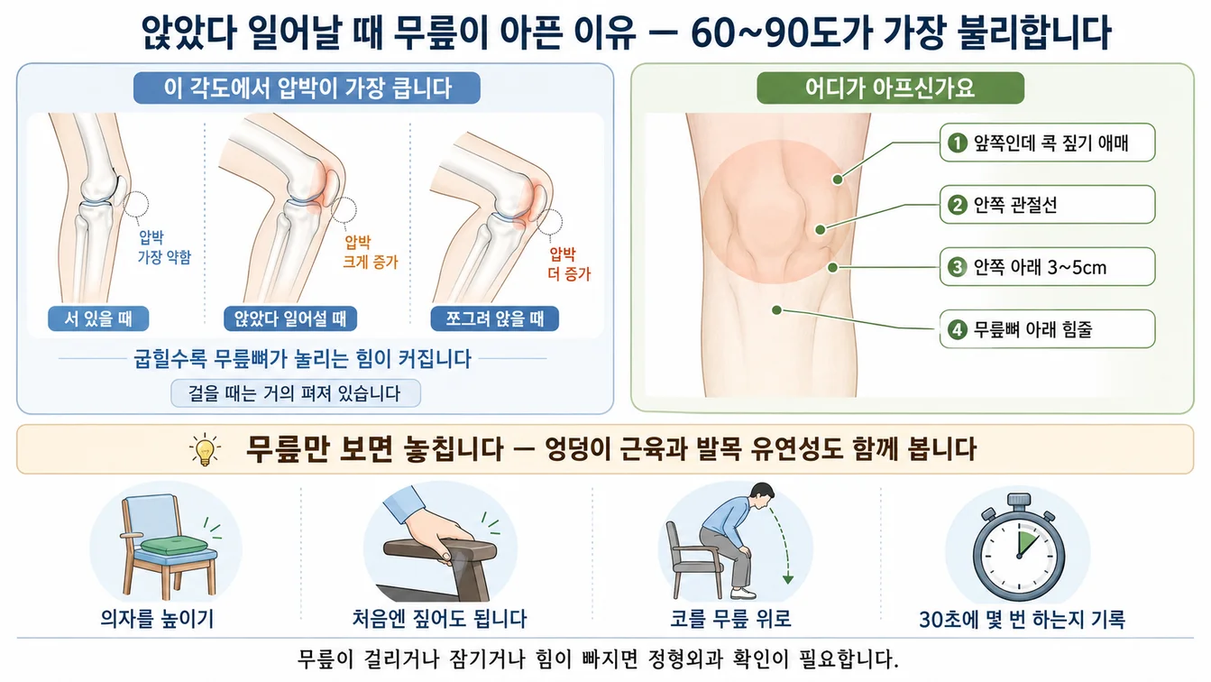 앉았다 일어설 때 무릎이 60~90도 굽은 상태에서 체중을 받는 구간과 통증 위치별로 살펴보는 곳을 보여주는 안내 이미지