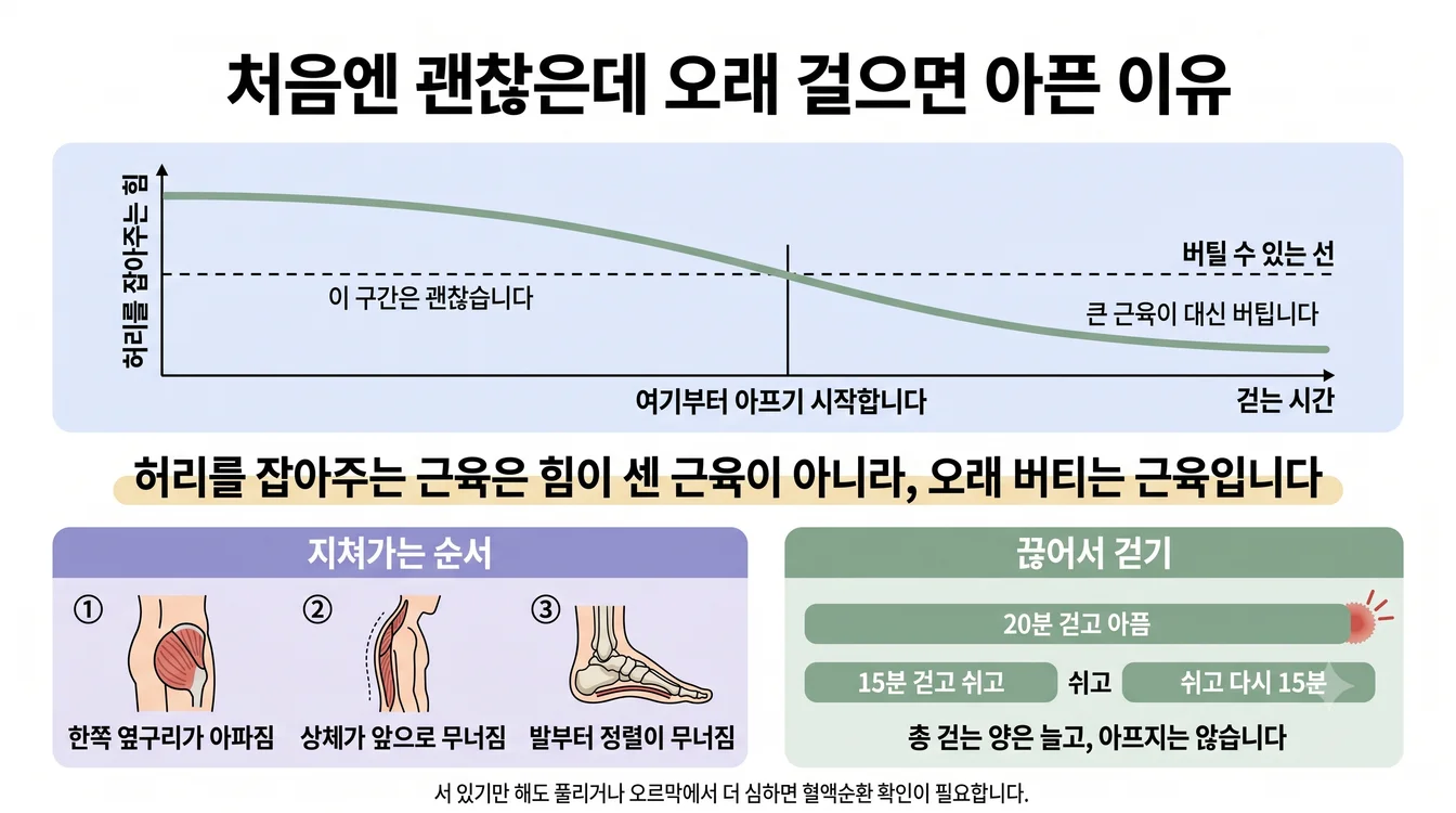 걷는 시간이 길어지면서 허리를 잡아주는 심부 근육의 버티는 힘이 줄고 자세가 무너지며 통증이 시작되는 과정을 보여주는 안내 이미지