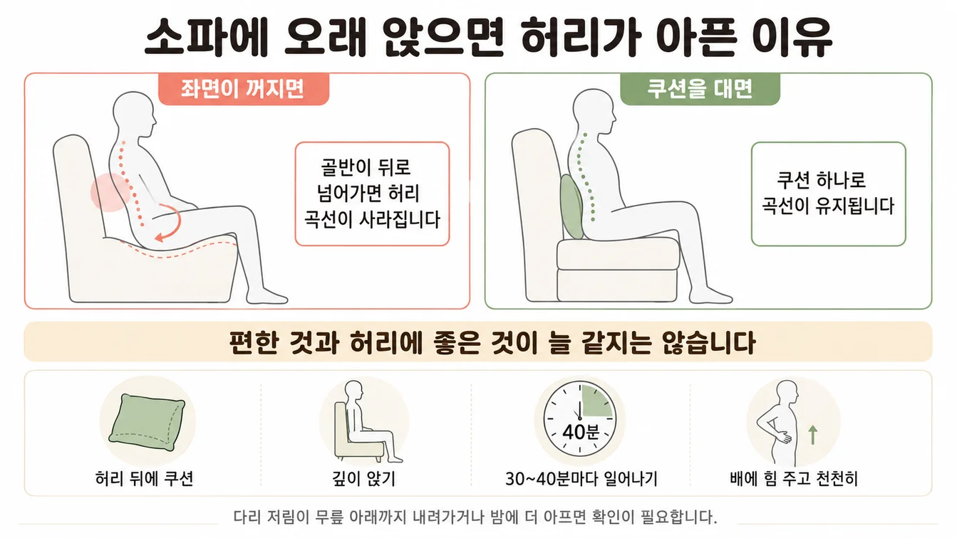 꺼진 소파 좌면 위에서 골반이 뒤로 넘어가며 허리 곡선이 사라지는 모습과, 허리 뒤에 쿠션을 댔을 때의 차이를 비교한 안내 이미지