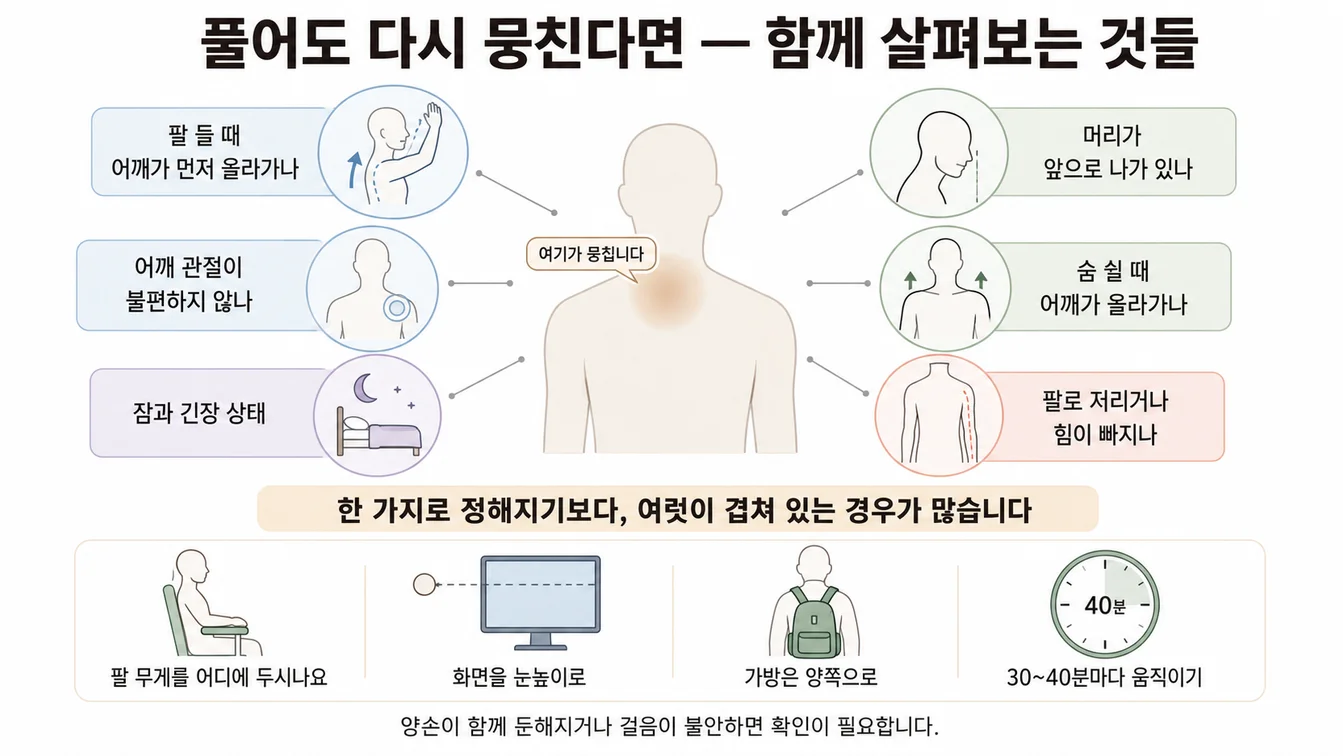 목과 어깨 사이 근육이 반복해서 뭉칠 때 함께 살펴보는 요인들을 보여주는 안내 이미지