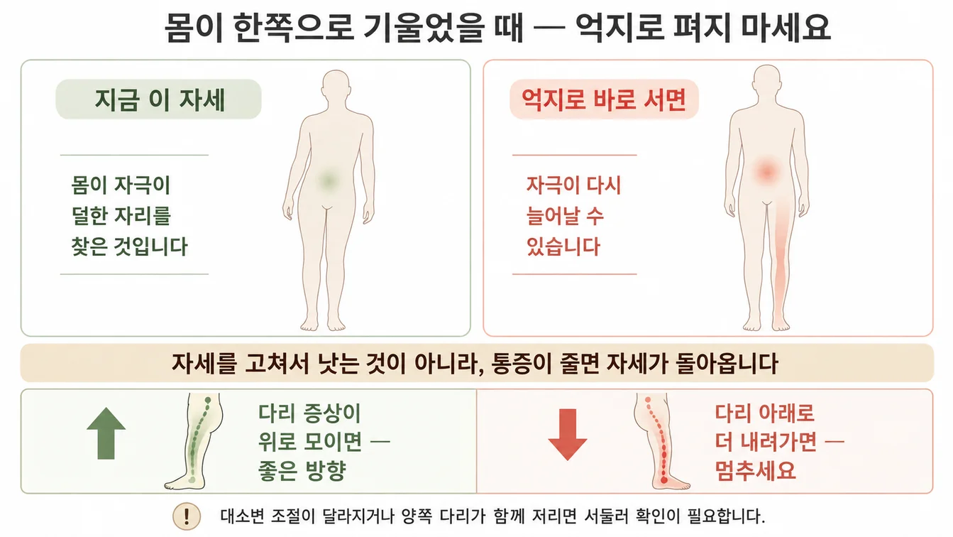 허리 통증으로 몸이 한쪽으로 기운 자세와, 억지로 바로 세웠을 때 자극이 늘어나는 과정을 비교한 안내 이미지