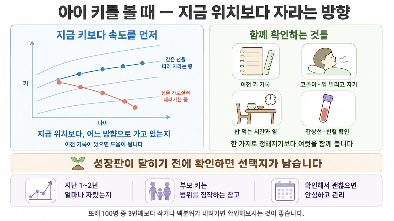 아이의 키 성장곡선에서 같은 선을 따라 자라는 경우와 선을 가로질러 내려가는 경우를 비교하고, 이전 키 기록·수면 중 코골이·식사·혈액검사 등 함께 확인하는 항목을 정리한 그림