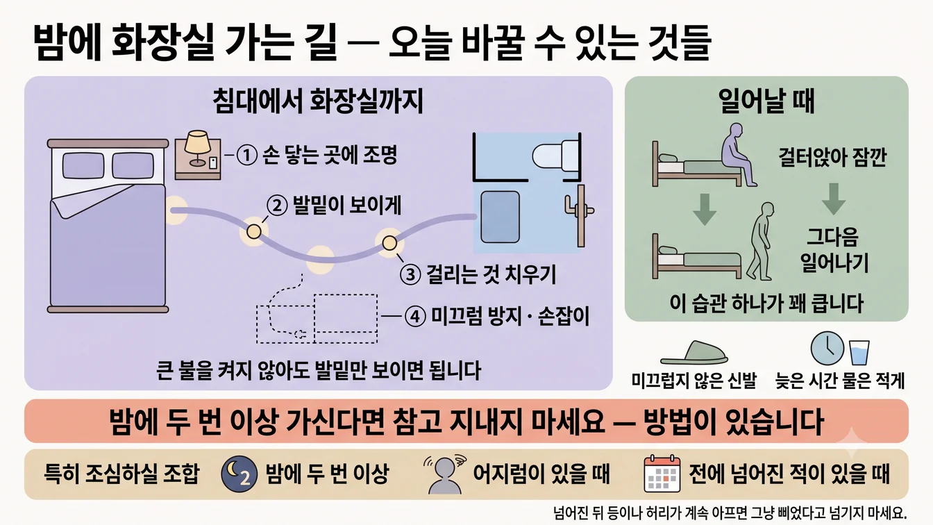 침대에서 화장실까지 이어지는 밤 동선에서 손 닿는 곳의 조명·발밑이 보이는 밝기·걸리는 물건 치우기·미끄럼 방지와 손잡이를 점검하는 항목과, 침대에 걸터앉았다가 일어나는 순서를 정리한 그림