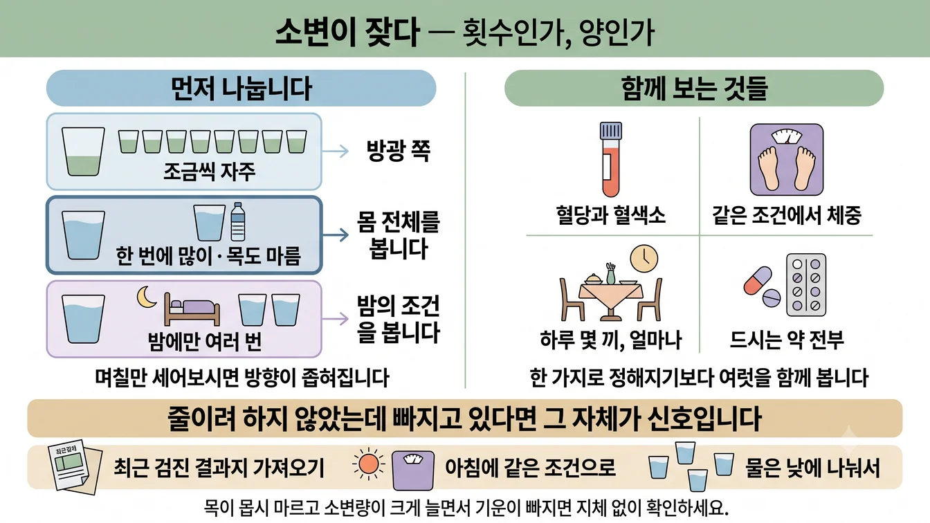 소변이 잦은 것을 조금씩 자주·한 번에 많이 마시며 목도 마름·밤에만 여러 번 세 가지로 나눠 각각 무엇을 보는지 보여주고, 혈당과 혈색소·같은 조건에서 잰 체중·하루 식사량·드시는 약을 함께 확인하는 항목을 정리한 그림