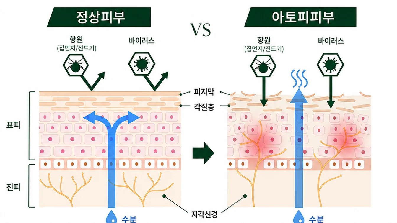 정상 피부와 아토피 피부의 장벽 차이를 비교한 안내 그림. 아토피 피부에서는 수분이 빠져나가고 외부 자극이 들어오기 쉬운 상태를 표시했습니다