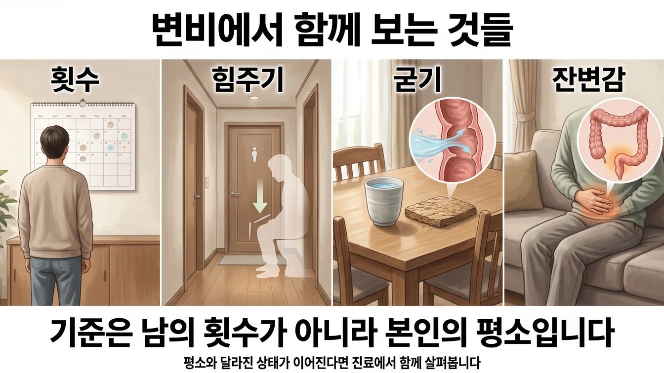 변비에서 함께 확인하는 네 가지를 정리한 안내 그림. 횟수, 힘주기, 변의 굳기, 잔변감이 포함됩니다