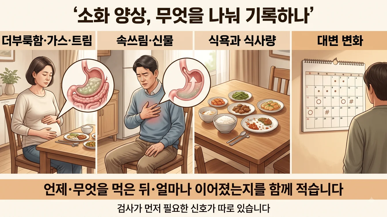 소화 양상을 나눠 기록하는 네 갈래를 정리한 안내 그림. 더부룩함·가스·트림, 속쓰림·신물, 식욕과 식사량, 대변 변화가 포함됩니다
