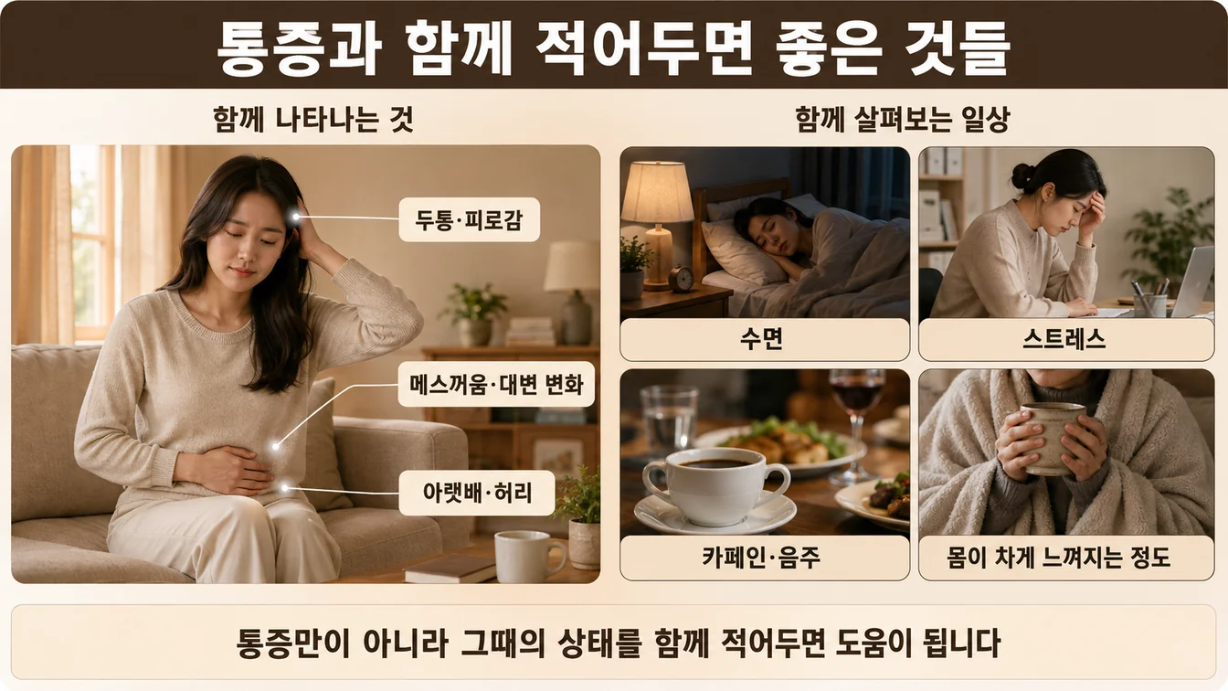 생리통과 함께 기록하면 좋은 것들을 정리한 안내 그림. 아랫배·허리, 메스꺼움·대변 변화, 두통·피로감과 수면·스트레스·카페인·몸이 차게 느껴지는 정도가 포함됩니다