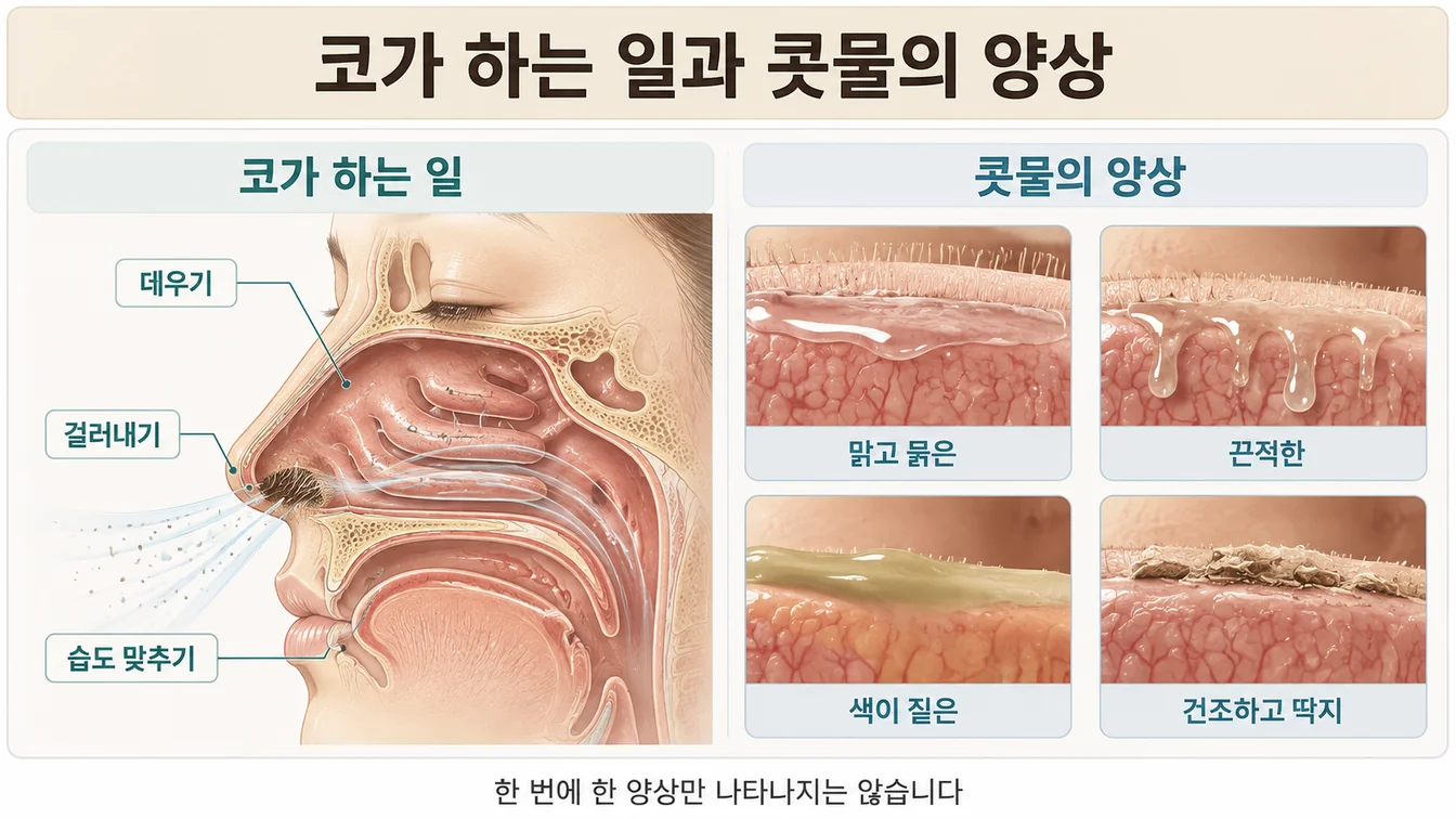 코가 하는 일과 콧물의 양상을 정리한 안내 그림. 공기를 데우고 걸러내고 습도를 맞추는 역할과, 맑고 묽은·끈적한·색이 짙은·건조하고 딱지 양상을 보여줍니다