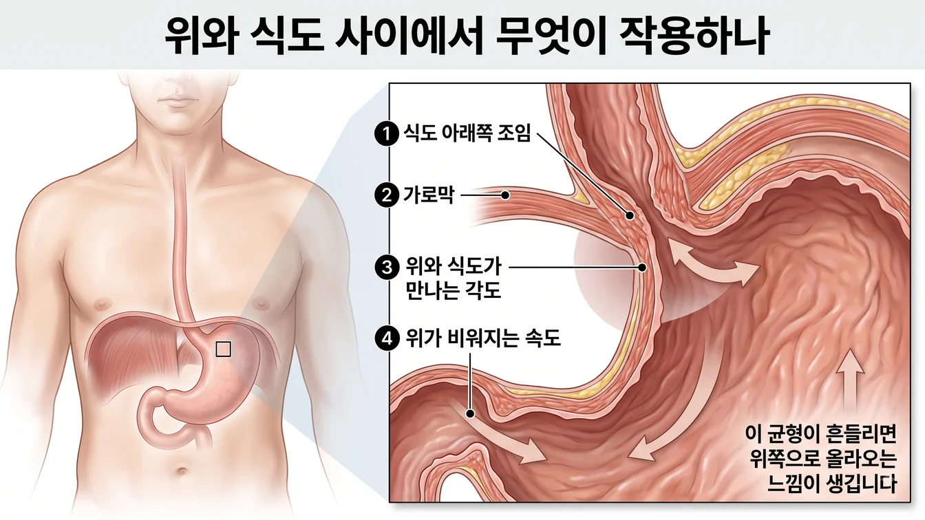 위와 식도가 만나는 부위의 구조를 보여주는 안내 그림. 식도 아래쪽 조임, 가로막, 위와 식도가 만나는 각도, 위가 비워지는 속도를 표시했습니다