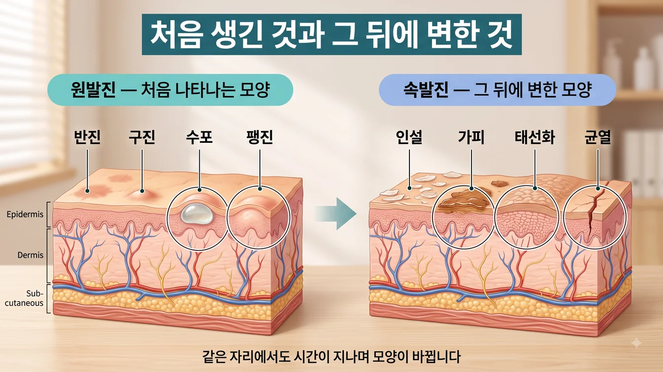피부 조직 단면 위에 원발진과 속발진을 나란히 표시한 안내 그림. 반진·구진·수포·팽진과 인설·가피·태선화·균열의 모양 차이를 보여줍니다
