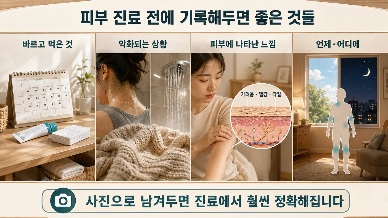 피부 진료 전에 기록해두면 좋은 네 가지를 정리한 안내 그림. 바르고 먹은 것, 악화되는 상황, 피부에 나타난 느낌, 언제·어디에가 포함됩니다